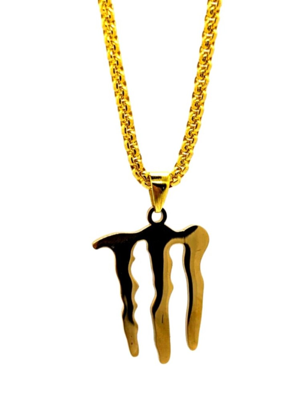 ENERGY DRINK NECKLACE - Stainless Steel "M" Logo Pendant with 23" Chain (Gold)